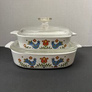 Vintage 1975 Corning Ware Country Festival Bluebird Friendship Casserole Dishes